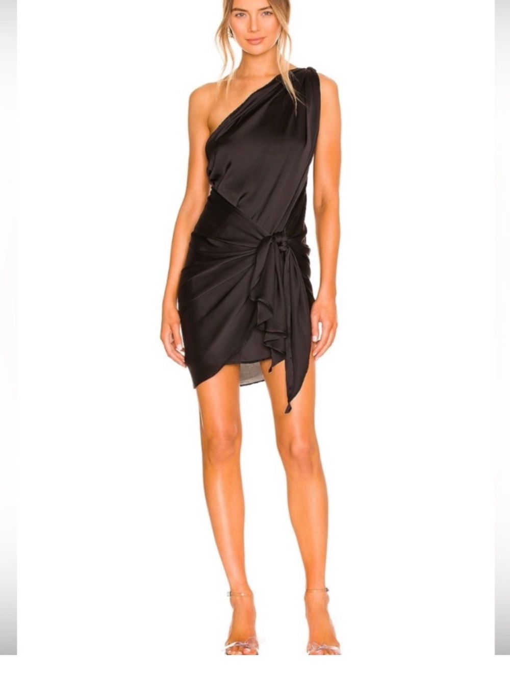 Baobab Marea One-Shoulder Black Satin Knot-Front Dress